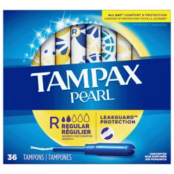 Tampax Pearl Tampons, with LeakGuard Braid, Regular Absorbency, Unscented, 36 Count