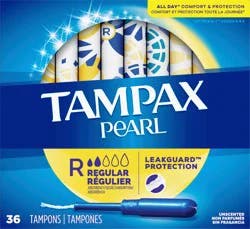 Tampax Pearl Tampons Regular Absorbency with BPA-Free Plastic Applicator and LeakGuard Braid, Unscented, 36 Count