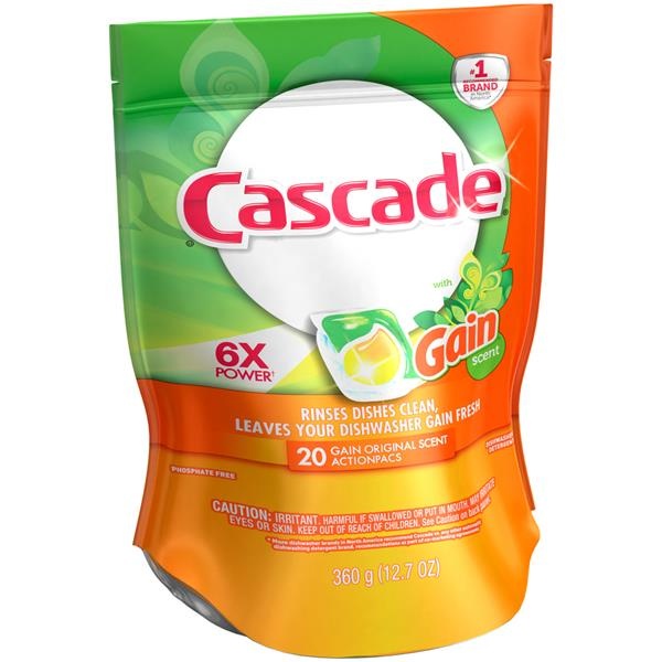 slide 1 of 1, Cascade with Gain Original Scent Action Pacs Dishwasher Detergent Pouch, 20 ct; 12.7 oz