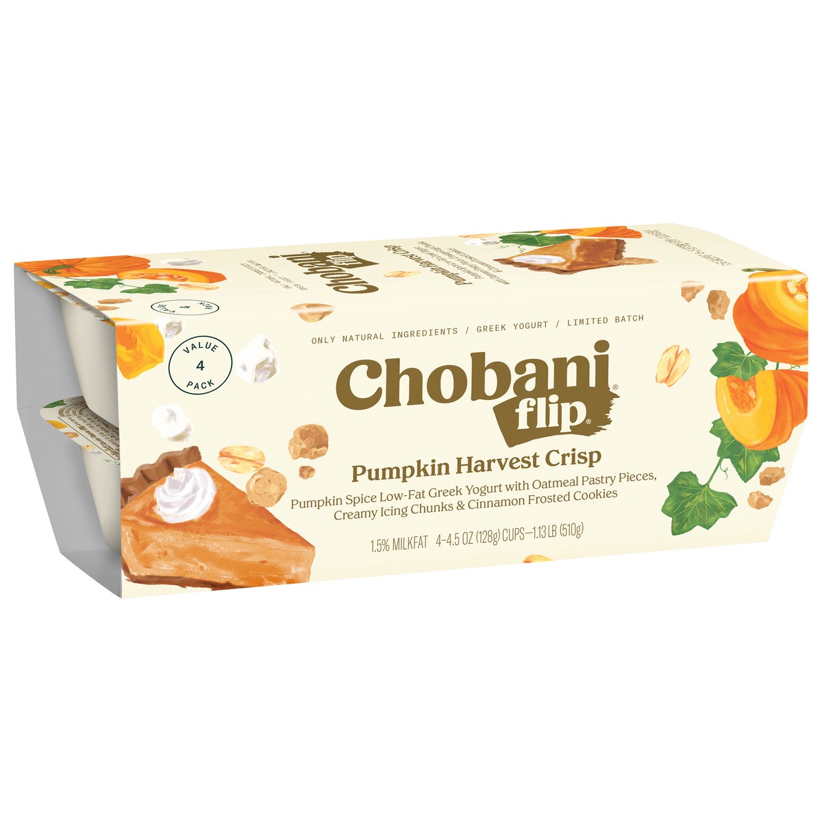 slide 2 of 9, Chobani Flip Low-Fat Greek Yogurt Pumpkin Harvest Crisp Limited Batch 4.5oz 4-pack, 4 ct