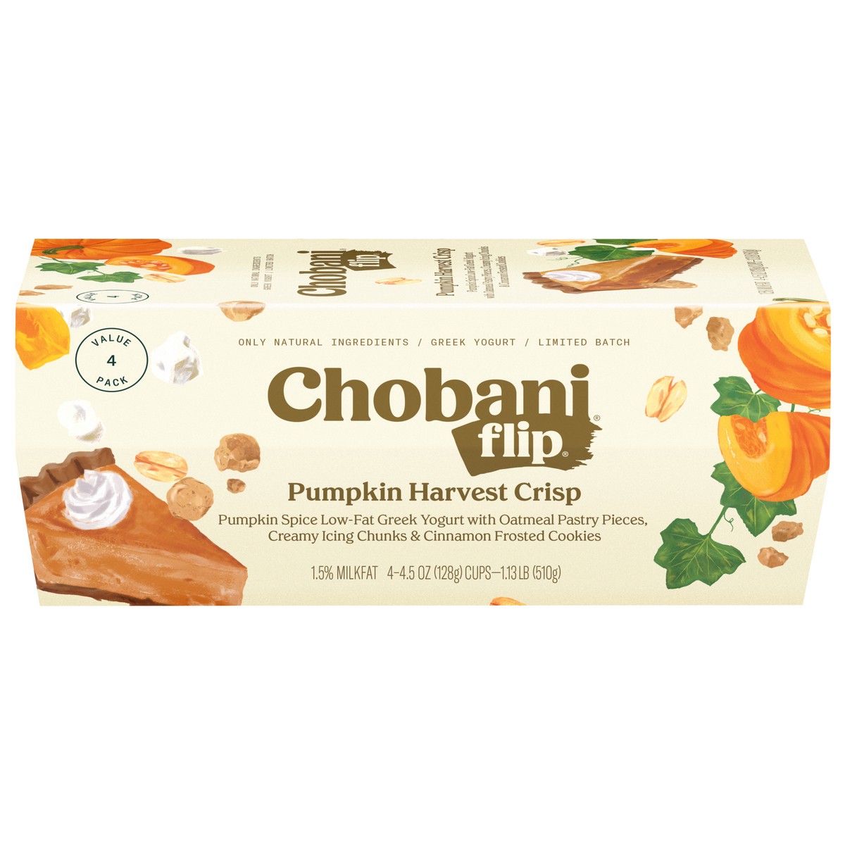 slide 1 of 9, Chobani Flip Low-Fat Greek Yogurt Pumpkin Harvest Crisp Limited Batch 4.5oz 4-pack, 4 ct