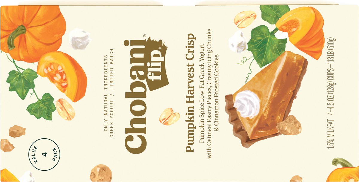 slide 9 of 9, Chobani Flip Low-Fat Greek Yogurt Pumpkin Harvest Crisp Limited Batch 4.5oz 4-pack, 4 ct