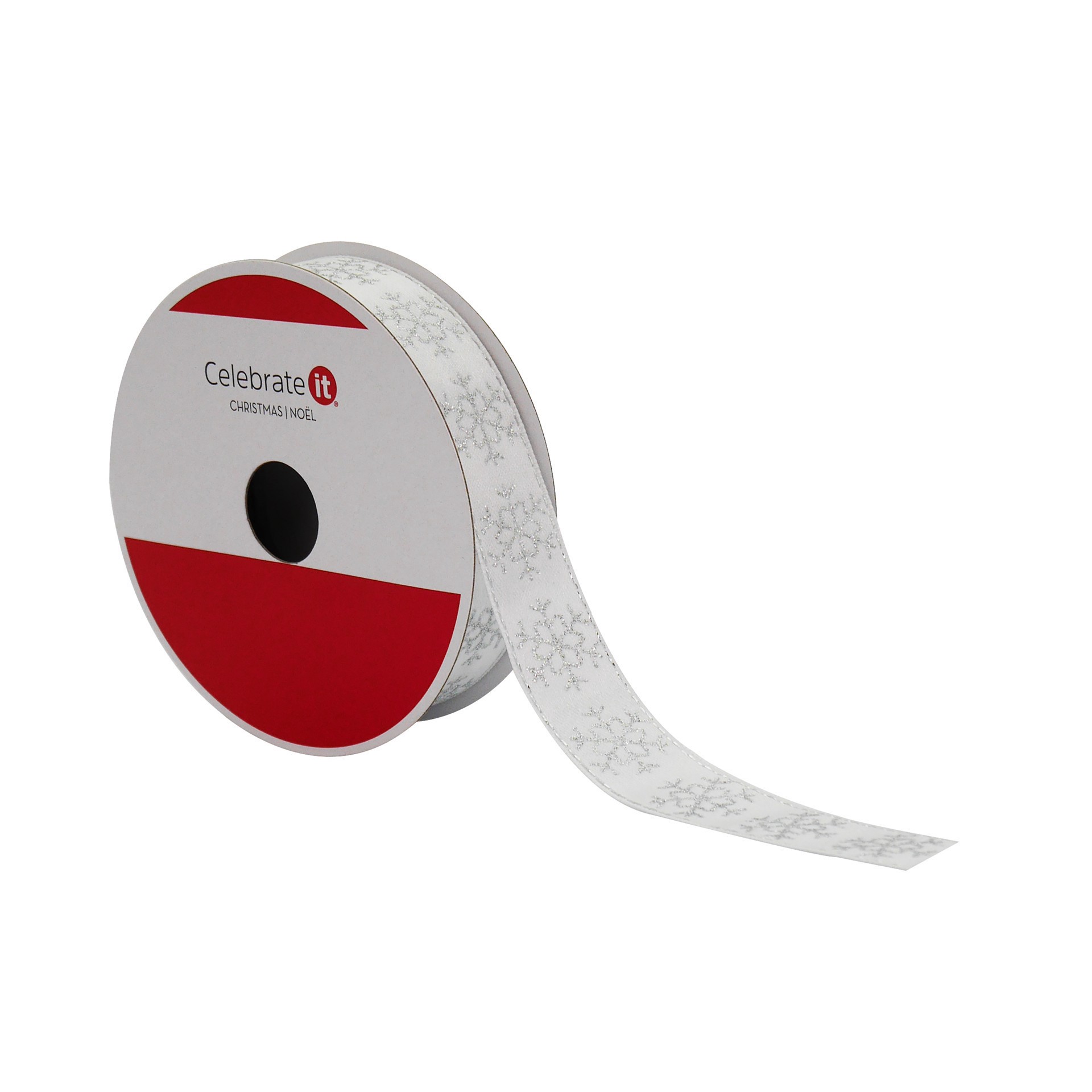 slide 2 of 3, 7/8" X 30ft. Silver Glitter Snowflake White Satin Ribbon By Celebrate It, 7/8 in x 30 ft