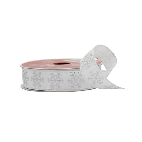 slide 1 of 3, 7/8" X 30ft. Silver Glitter Snowflake White Satin Ribbon By Celebrate It, 7/8 in x 30 ft