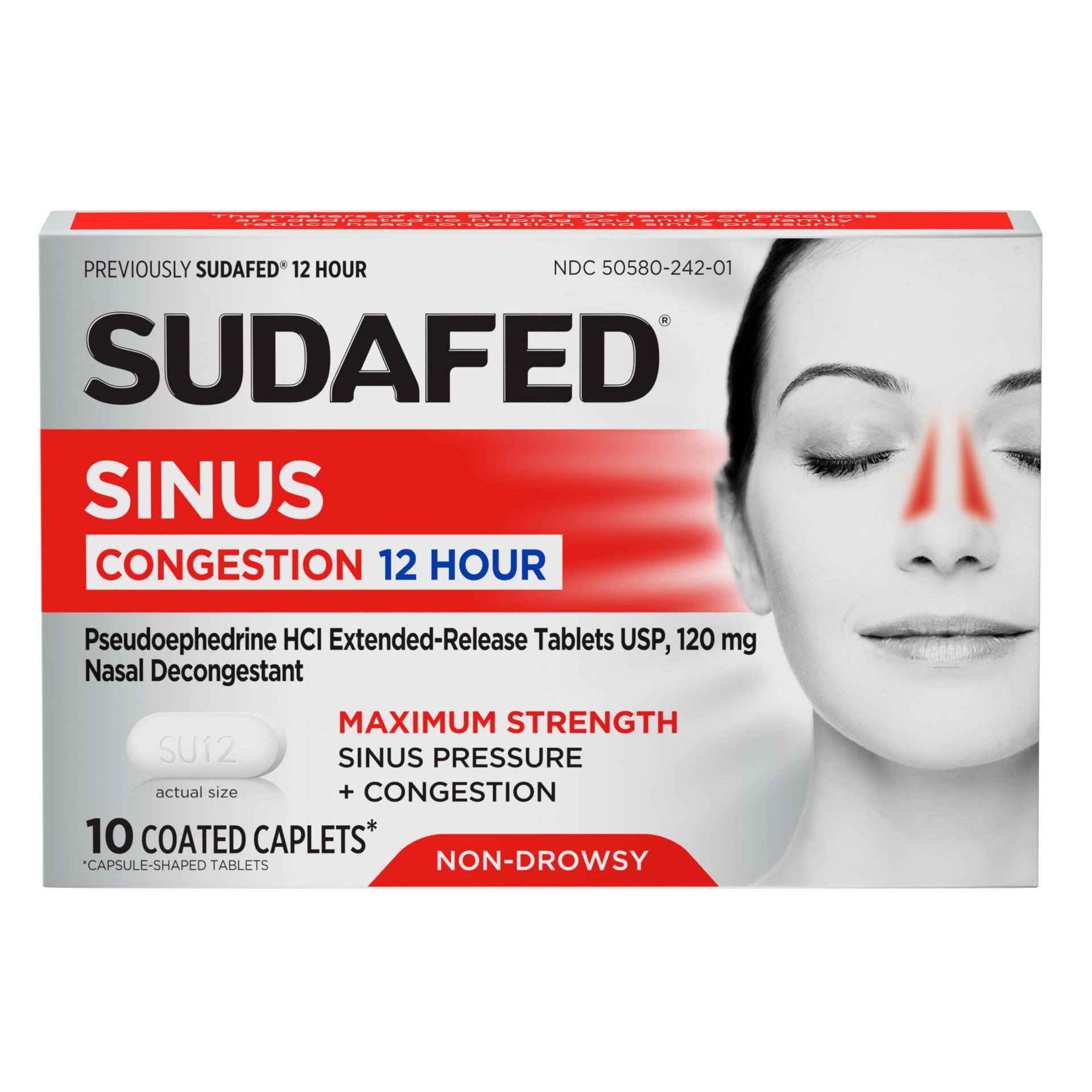 slide 1 of 6, Sudafed Coated Caplets Non-Drowsy 120 mg Maximum Strength Sinus 10 ea, 