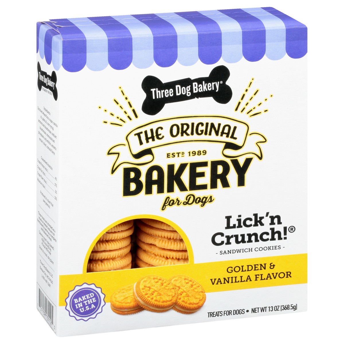 slide 5 of 9, Three Dog Bakery Lick''n Crunch Sandwich Cookies Golden & Vanilla Flavor Treats for Dogs 13 oz, 13 oz