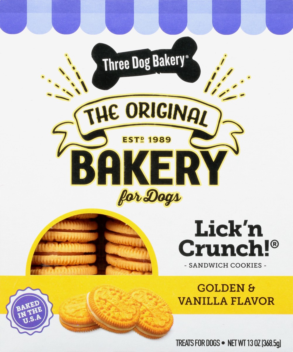 slide 3 of 9, Three Dog Bakery Lick''n Crunch Sandwich Cookies Golden & Vanilla Flavor Treats for Dogs 13 oz, 13 oz