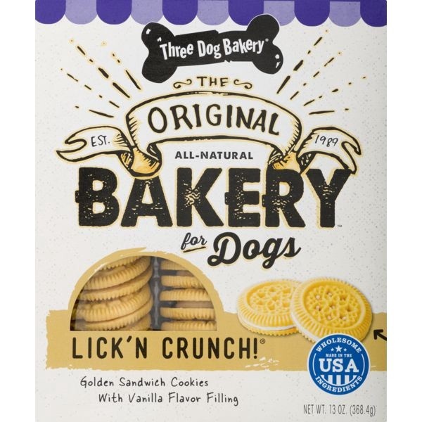 slide 1 of 9, Three Dog Bakery Lick''n Crunch Sandwich Cookies Golden & Vanilla Flavor Treats for Dogs 13 oz, 13 oz