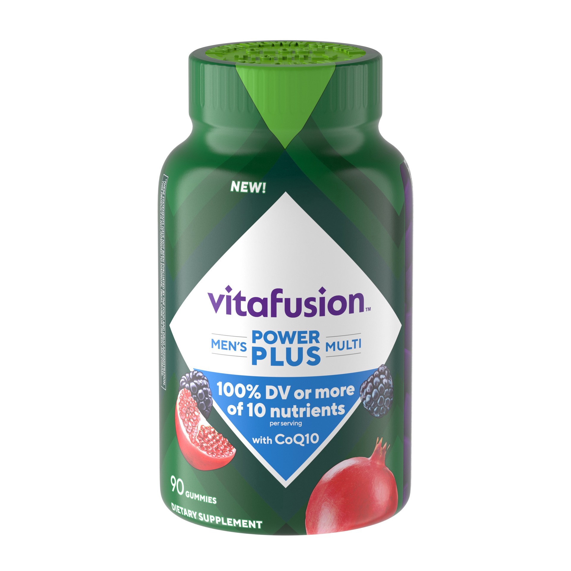 slide 1 of 13, vitafusion Power Plus Men’s Multi, 100% Daily Value or More of 10 Nutrients plus CoQ10, Supports Energy Metabolism, Muscle & Immune Health (1), Blue Raspberry & Pomegranate Flavor, 90 Count, 90 ct