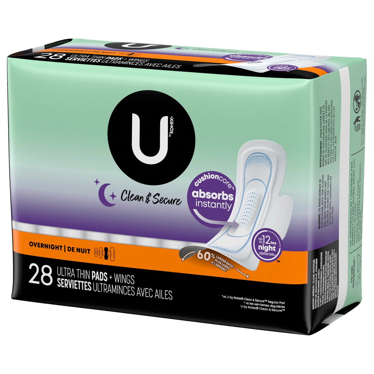 slide 12 of 13, U by Kotex Clean & Secure Ultra Thin Overnight Pads with Wings, 28 Count, 28 ct