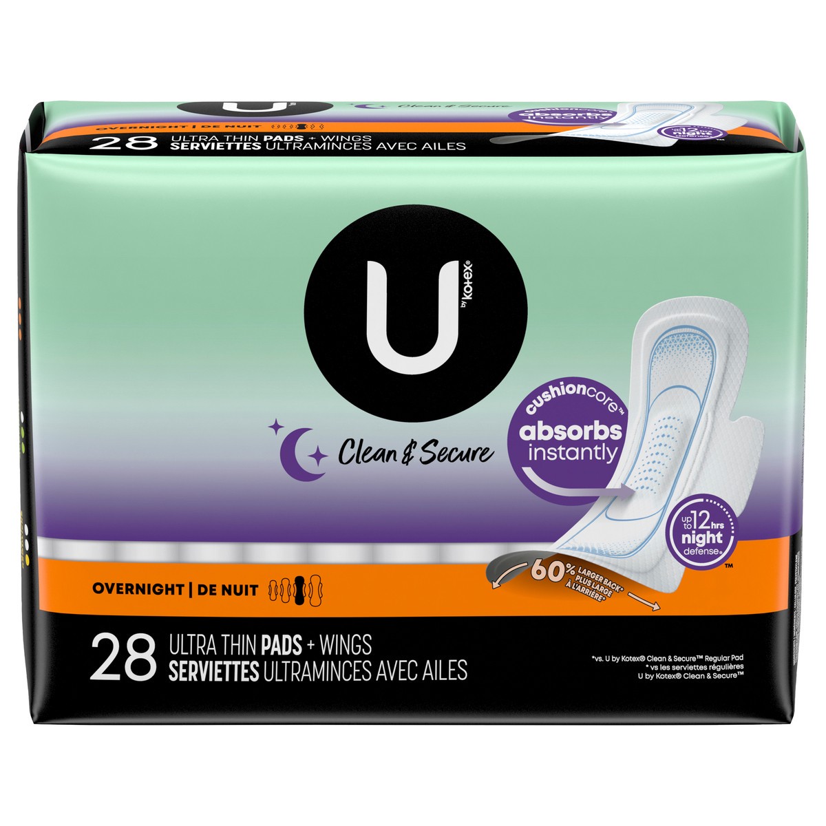 slide 7 of 13, U by Kotex Clean & Secure Ultra Thin Overnight Pads with Wings, 28 Count, 28 ct