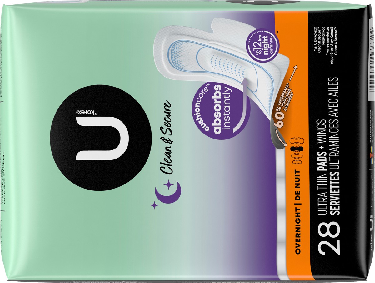 slide 10 of 13, U by Kotex Clean & Secure Ultra Thin Overnight Pads with Wings, 28 Count, 28 ct