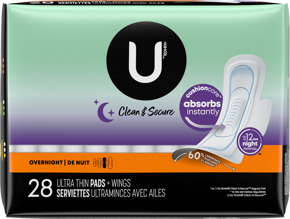 slide 13 of 13, U by Kotex Clean & Secure Ultra Thin Overnight Pads with Wings, 28 Count, 28 ct