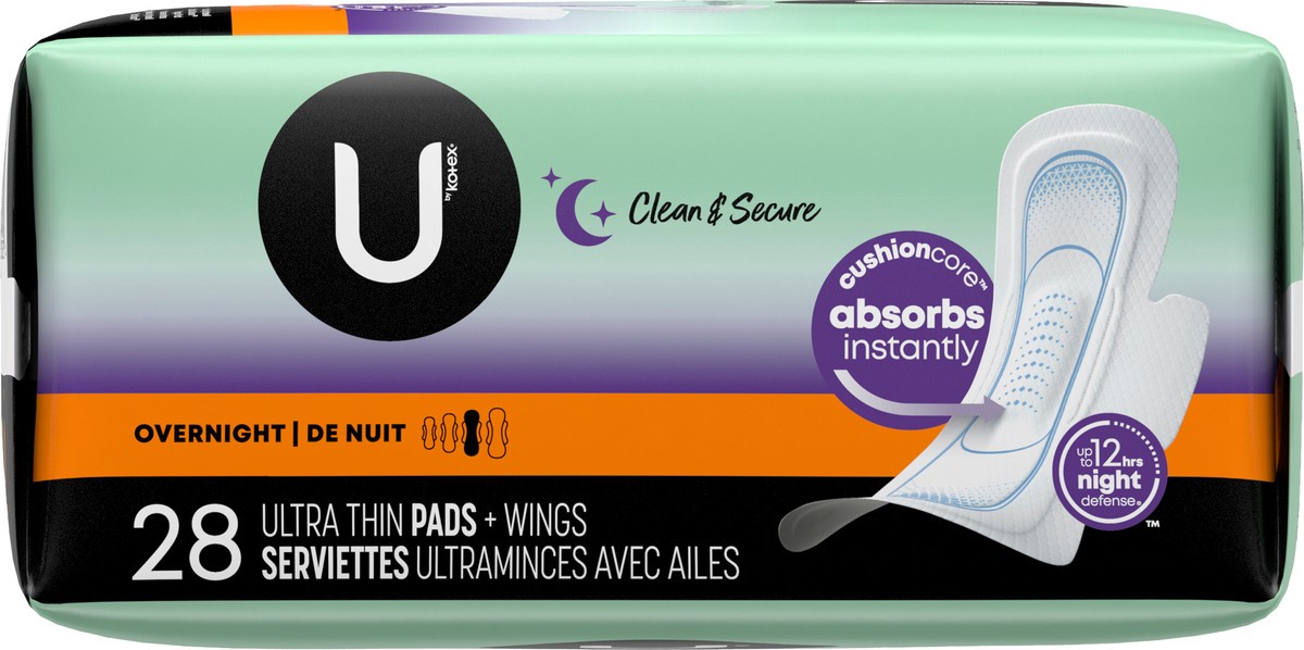 slide 6 of 13, U by Kotex Clean & Secure Ultra Thin Overnight Pads with Wings, 28 Count, 28 ct