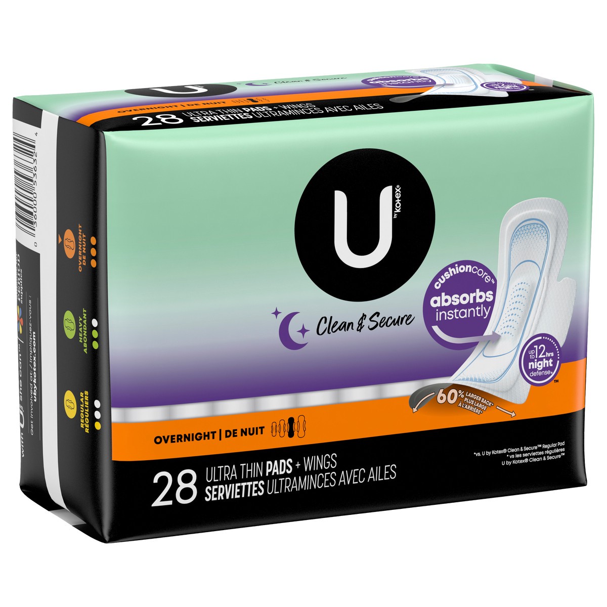 slide 2 of 13, U by Kotex Clean & Secure Ultra Thin Overnight Pads with Wings, 28 Count, 28 ct