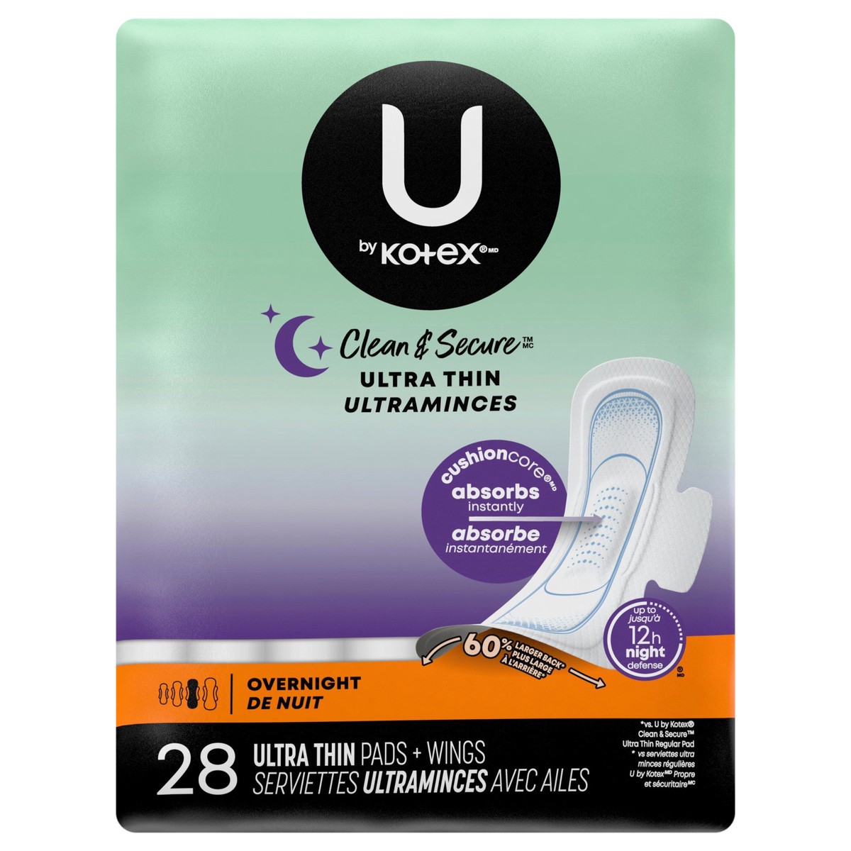 slide 1 of 13, U by Kotex Clean & Secure Ultra Thin Overnight Pads with Wings, 28 Count, 28 ct
