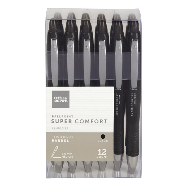 slide 1 of 2, Office Depot Super Comfort Grip Retractable Ballpoint Pens, Medium Point, 1.0 mm, Black Barrel, Black Ink, 12 ct