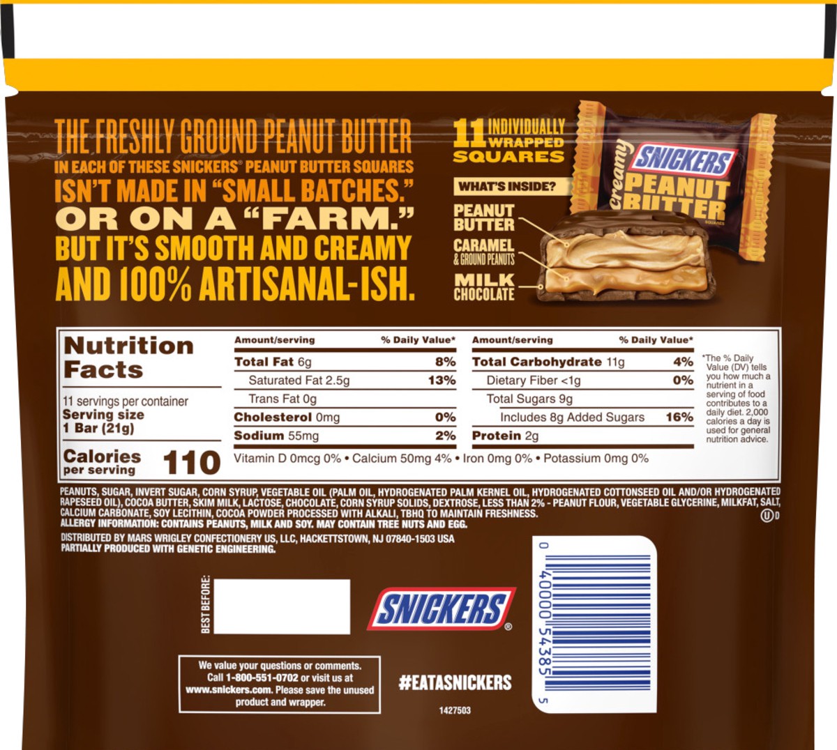 slide 6 of 7, SNICKERS Creamy Peanut Butter Square Milk Chocolate Candy Bars, Sharing Size, 7.7 oz Bag, 7.7 oz