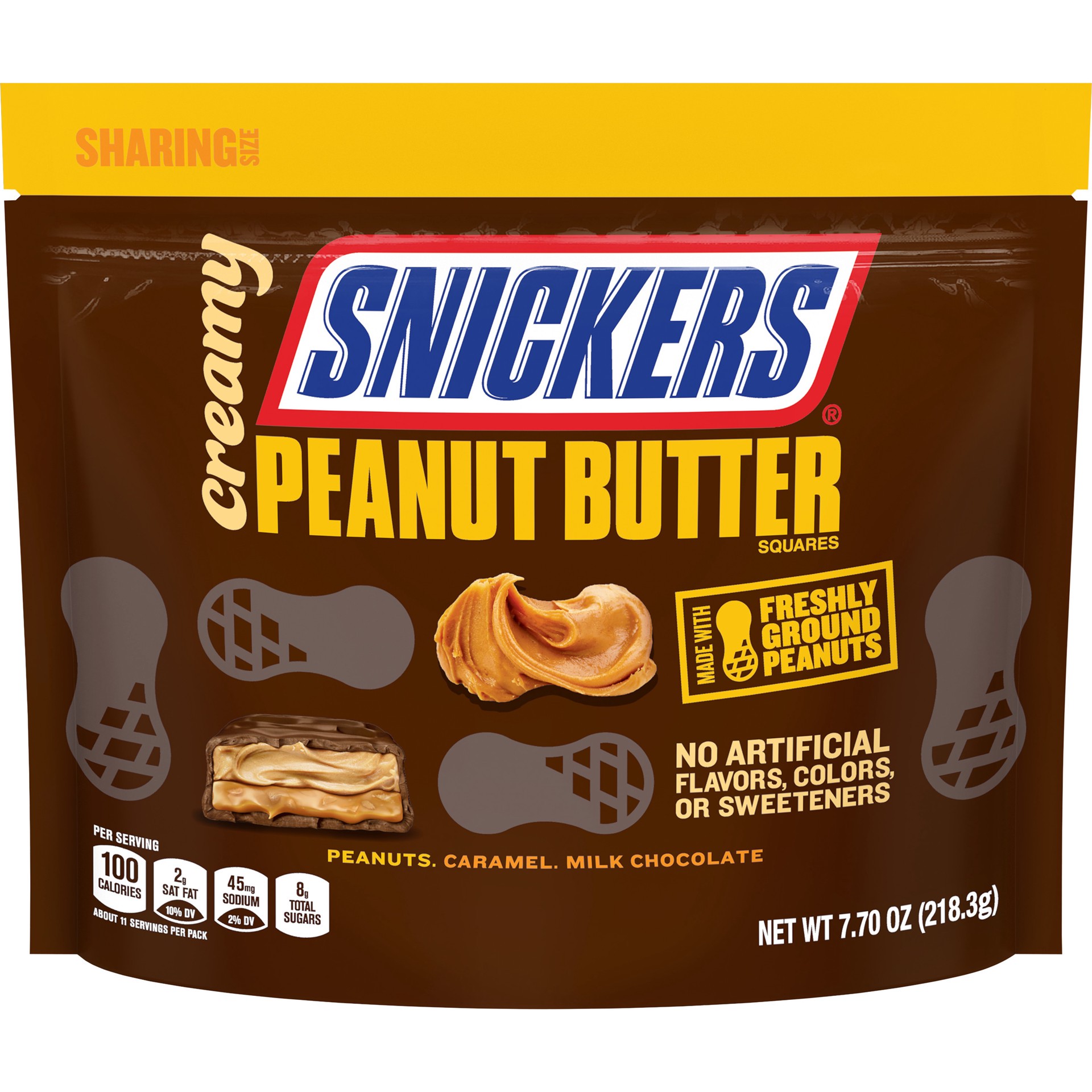 slide 1 of 7, SNICKERS Creamy Peanut Butter Square Milk Chocolate Candy Bars, Sharing Size, 7.7 oz Bag, 7.7 oz