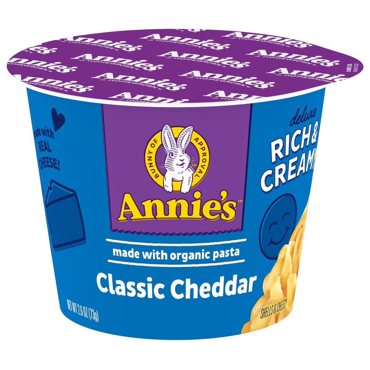 slide 1 of 9, Annie's Microwavable Macaroni and Cheese Cups, Deluxe Rich & Creamy, Shells & Classic Cheddar, 1 Cup, 2.6 oz