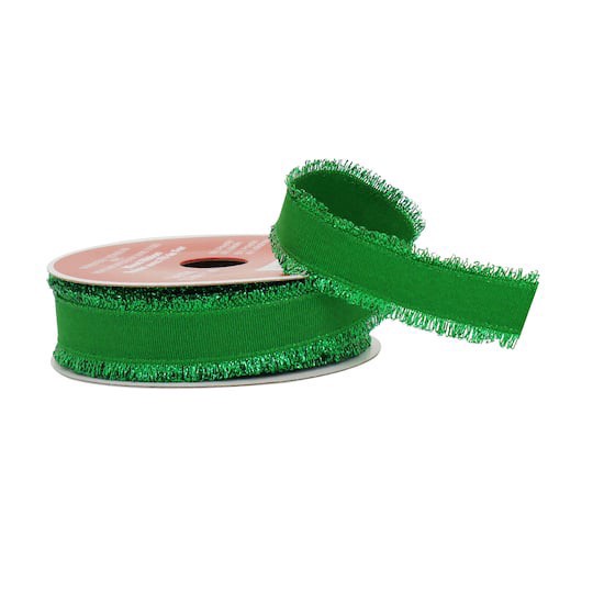 slide 1 of 3, 7/8" X 30ft. Green Tinsel Edged Wired Ribbon By Celebrate It, 7/8 in x 30 ft