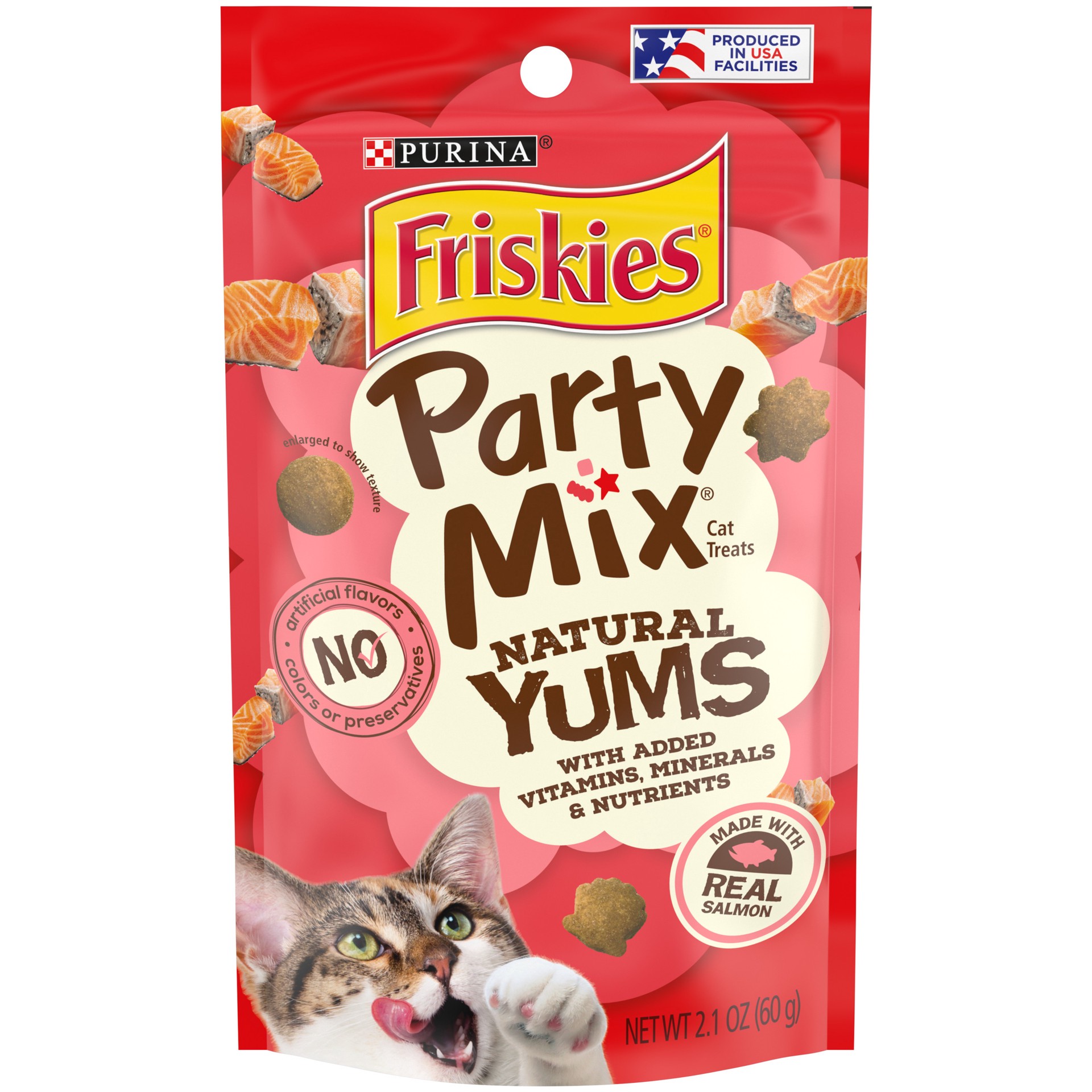 slide 1 of 7, Friskies Purina Friskies Natural Cat Treats, Party Mix Natural Yums With Real Salmon and Vitamins, Minerals & Nutrients - 2.1 oz. Pouch, 2.1 oz