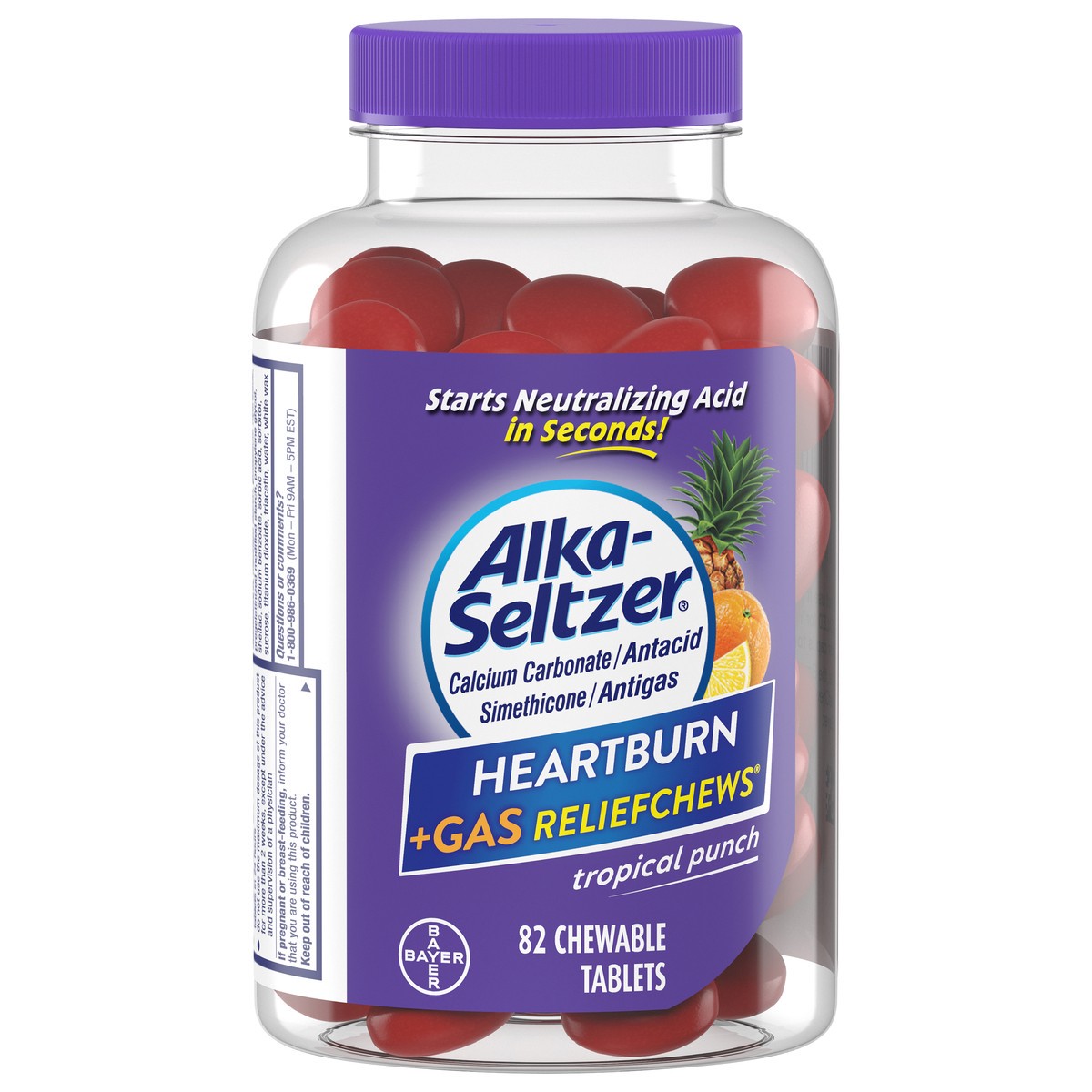 slide 2 of 8, Alka-Seltzer Chewable Tablets Tropical Punch Hearburn + Gas Reliefchew 82 ea Bottle, 82 ct