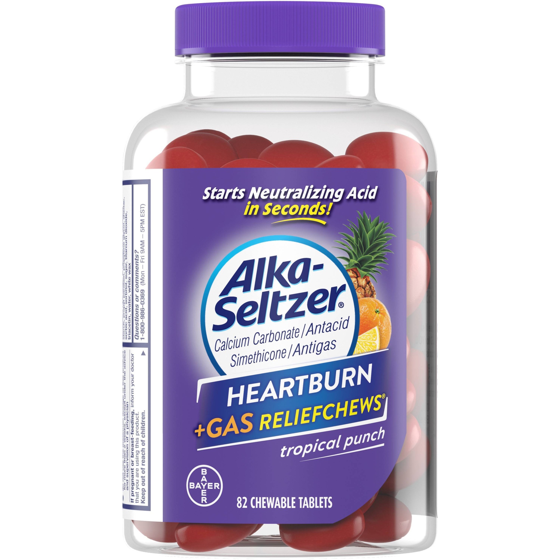 slide 1 of 3, Alka-Seltzer Chewable Tablets Heartburn+Gas Relief Tropical Punch, 82 ct