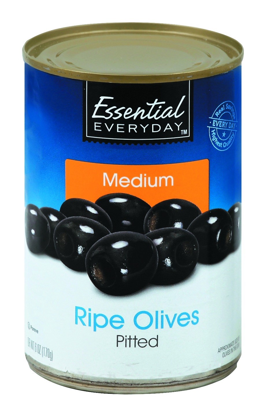 slide 1 of 1, Essential Everyday Olives, Ripe, Medium, Pitted, 6 Ounce, 6 oz