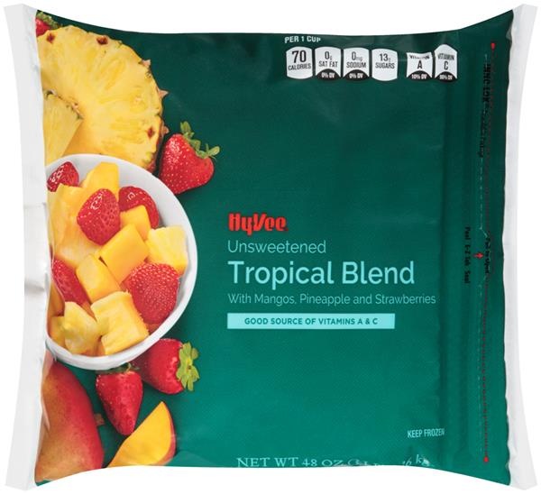 slide 1 of 1, Hy-vee Unsweetened Tropical Blend With Mangos, Pineapple And Strawberries, 48 oz