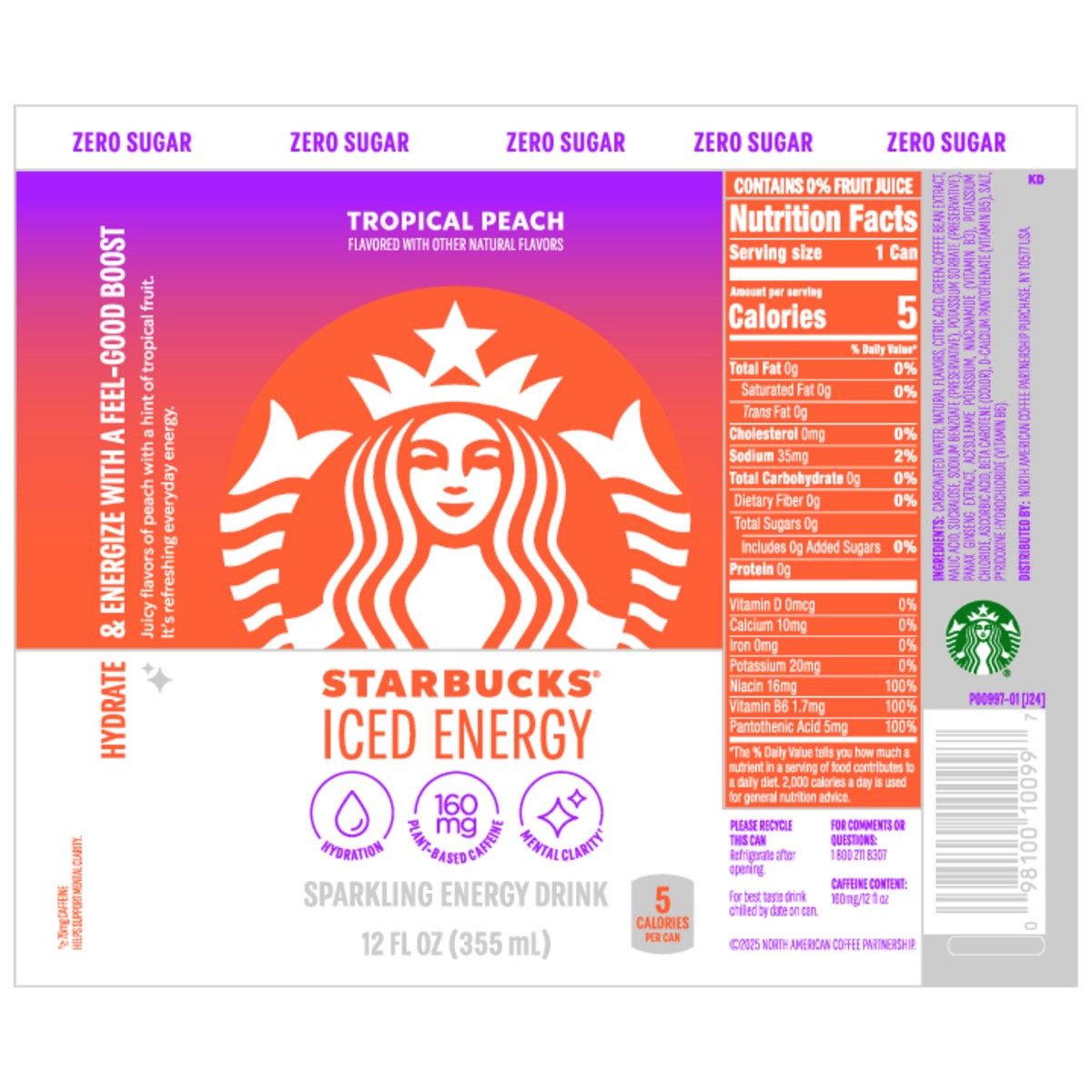 slide 8 of 8, Starbucks Iced Energy Zero Sugar Sparkling Energy Drink Tropical Peach 12 Fl Oz, 12 fl oz