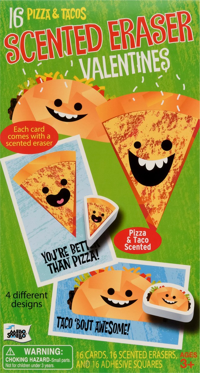 slide 6 of 9, Mello Smello Scented Pizza Taco Erasers Valentines Day Exchange Card Kit, 16 ct