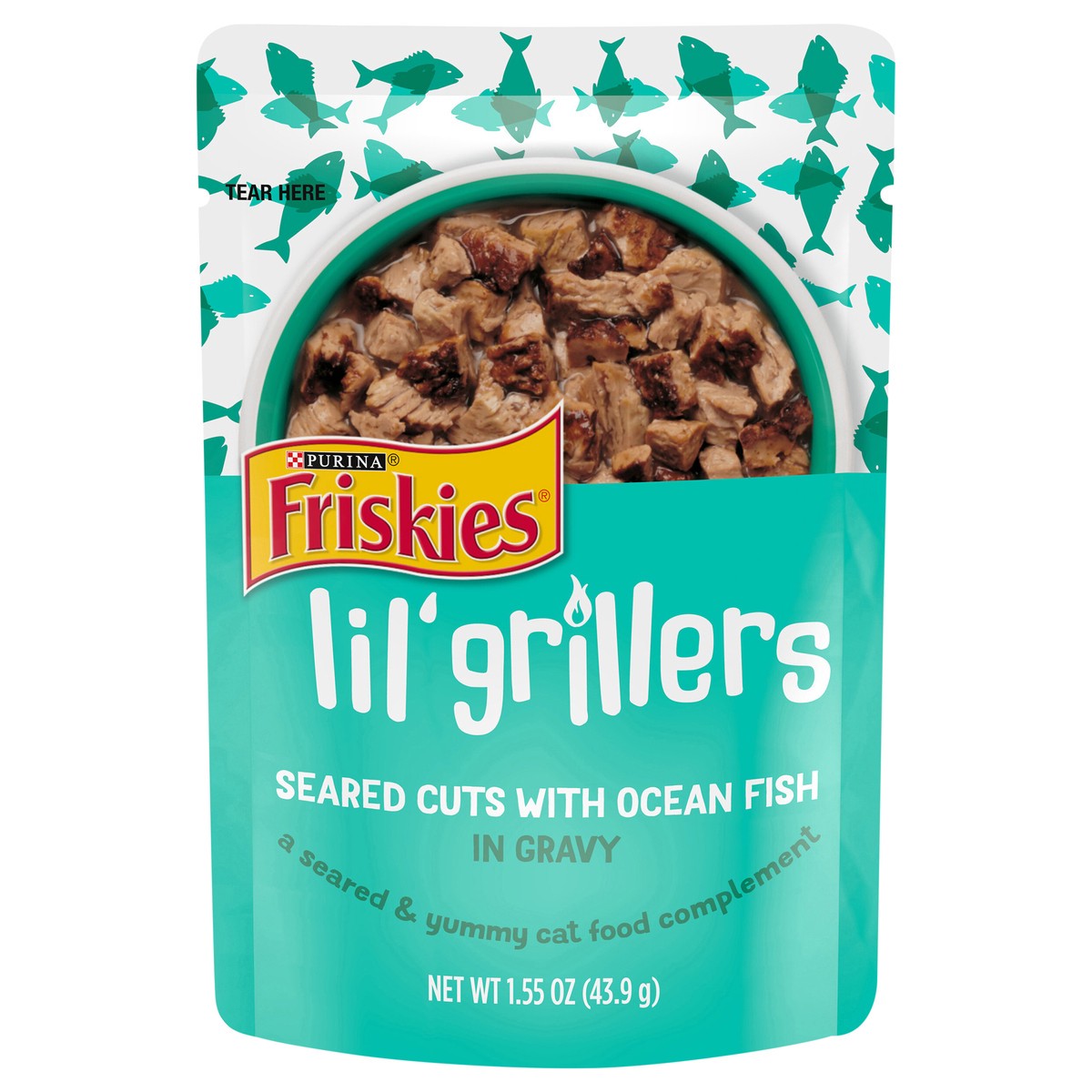 slide 1 of 8, Purina Friskies Lil' Grillers Seared Cuts with Ocean Fish In Gravy Wet Cat Food, 1.55 oz