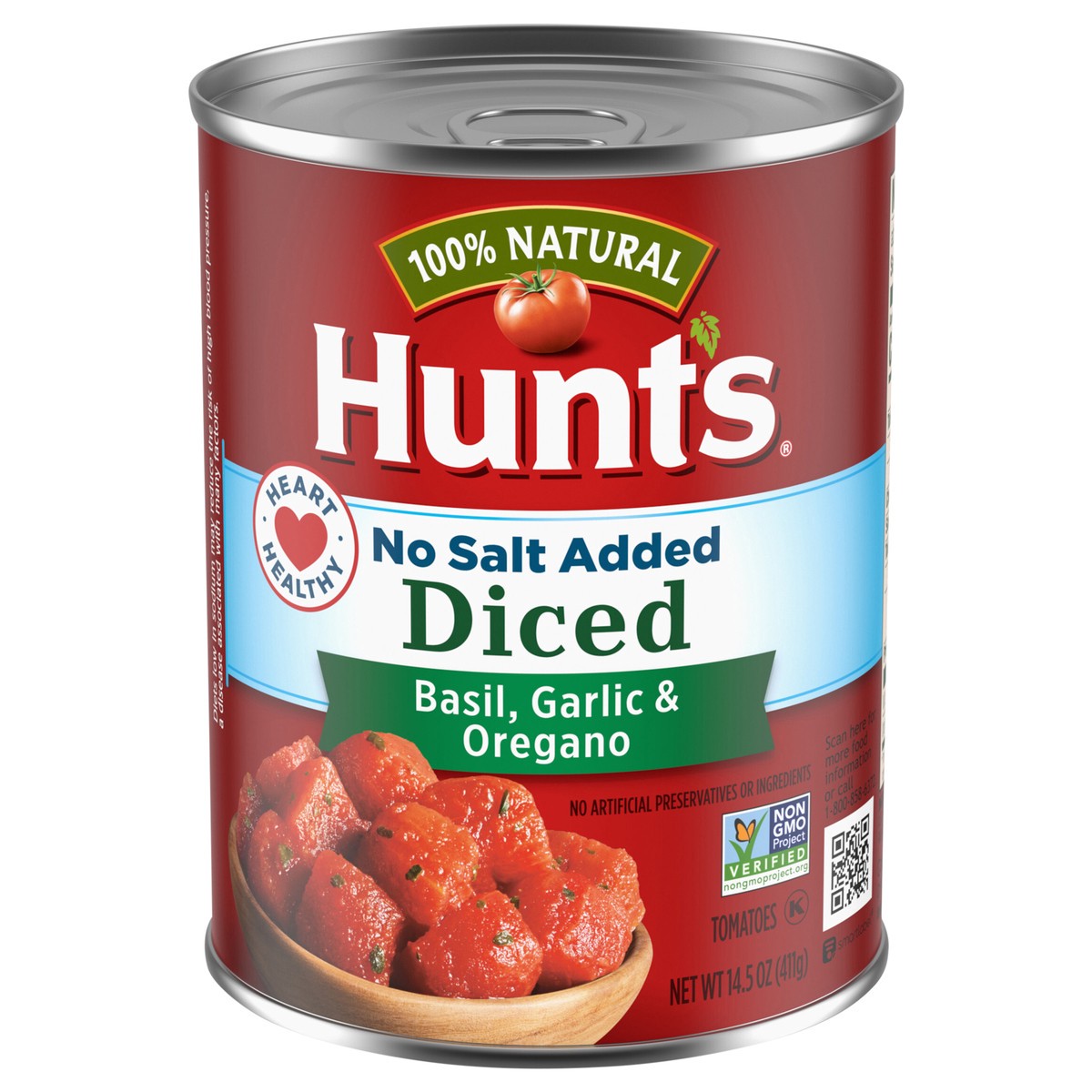 slide 1 of 5, Hunt's Diced Tomatoes with Basil, Garlic & Oregano No Salt Added, 14.5 oz., 14.5 oz