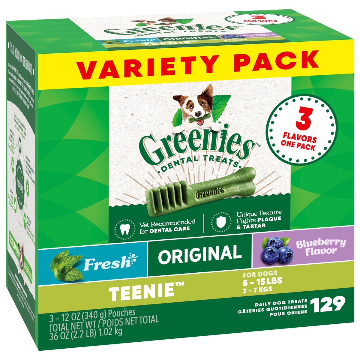 slide 2 of 9, Greenies Teenie (5 - 15 lbs) Daily Dental Dog Treats Variety Pack 3 - 12 oz Pouches, 36 oz