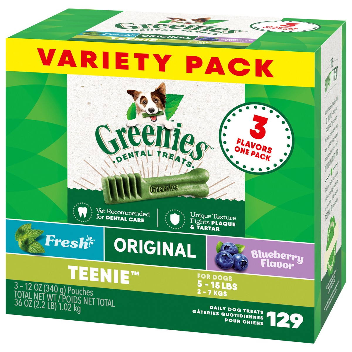 slide 3 of 9, Greenies Teenie (5 - 15 lbs) Daily Dental Dog Treats Variety Pack 3 - 12 oz Pouches, 36 oz