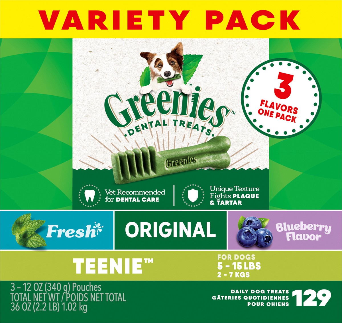 slide 6 of 9, Greenies Teenie (5 - 15 lbs) Daily Dental Dog Treats Variety Pack 3 - 12 oz Pouches, 36 oz