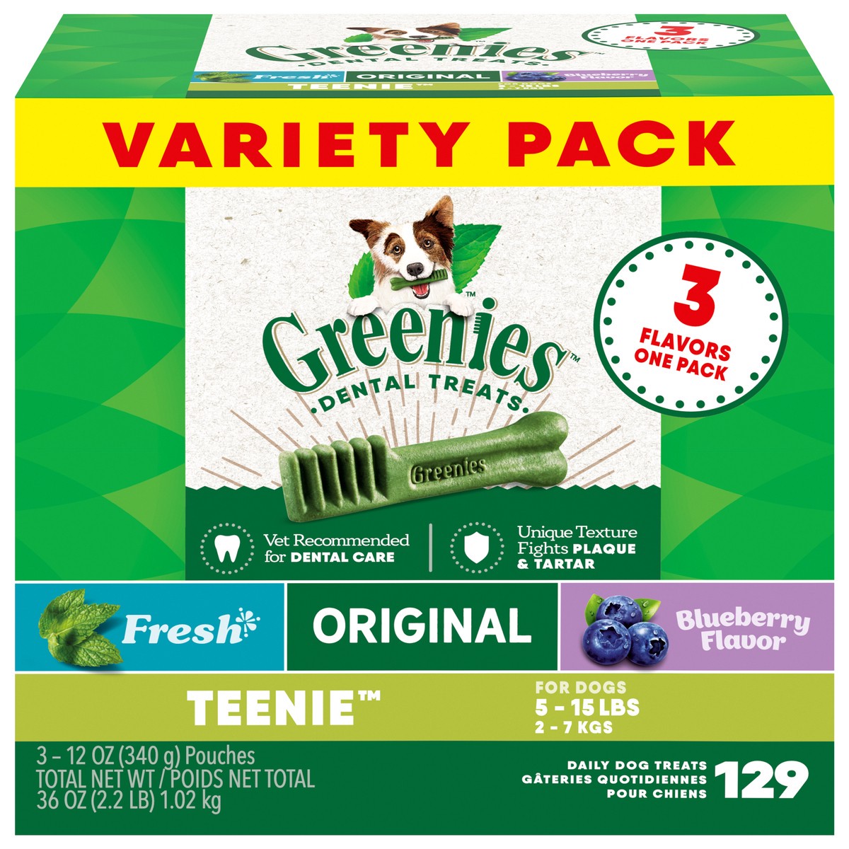 slide 1 of 9, Greenies Teenie (5 - 15 lbs) Daily Dental Dog Treats Variety Pack 3 - 12 oz Pouches, 36 oz