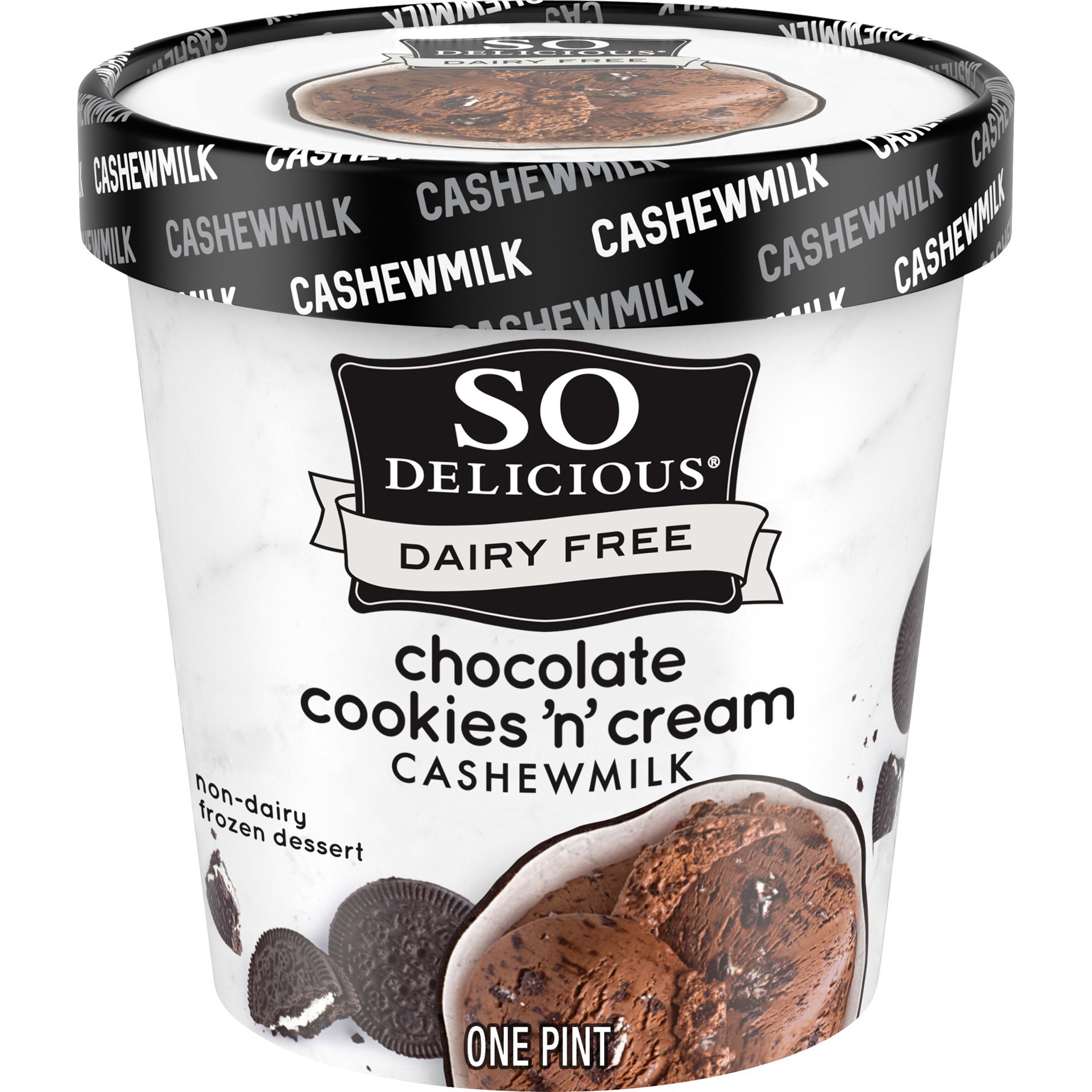 slide 1 of 9, So Delicious Dairy Free Cashew Milk Frozen Dessert, Chocolate Cookies N' Cream, Vegan, Non-GMO Project Verified, 1 Pint, 16 oz