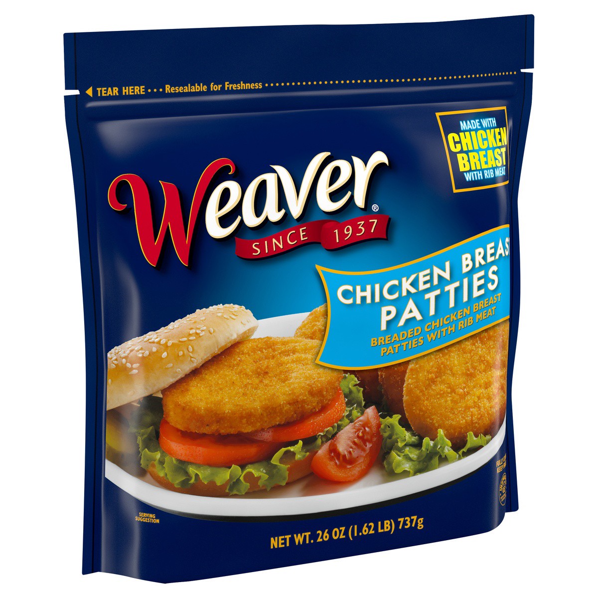 slide 2 of 7, Weaver Fully Cooked Chicken Breast Patties, 1.62 lb. (Frozen), 737.09 g