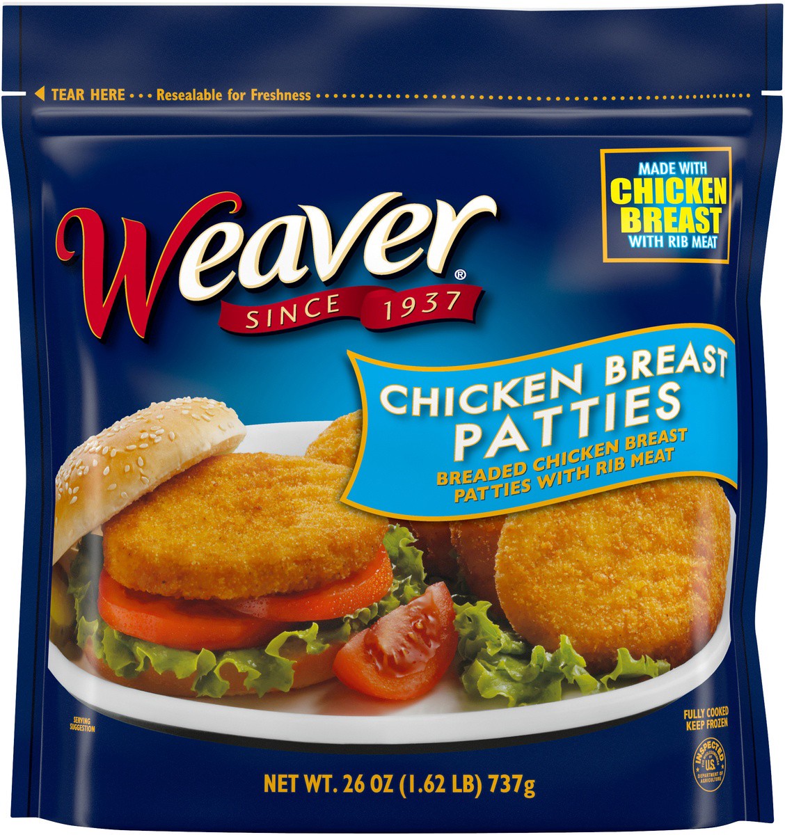 slide 4 of 7, Weaver Fully Cooked Chicken Breast Patties, 1.62 lb. (Frozen), 737.09 g