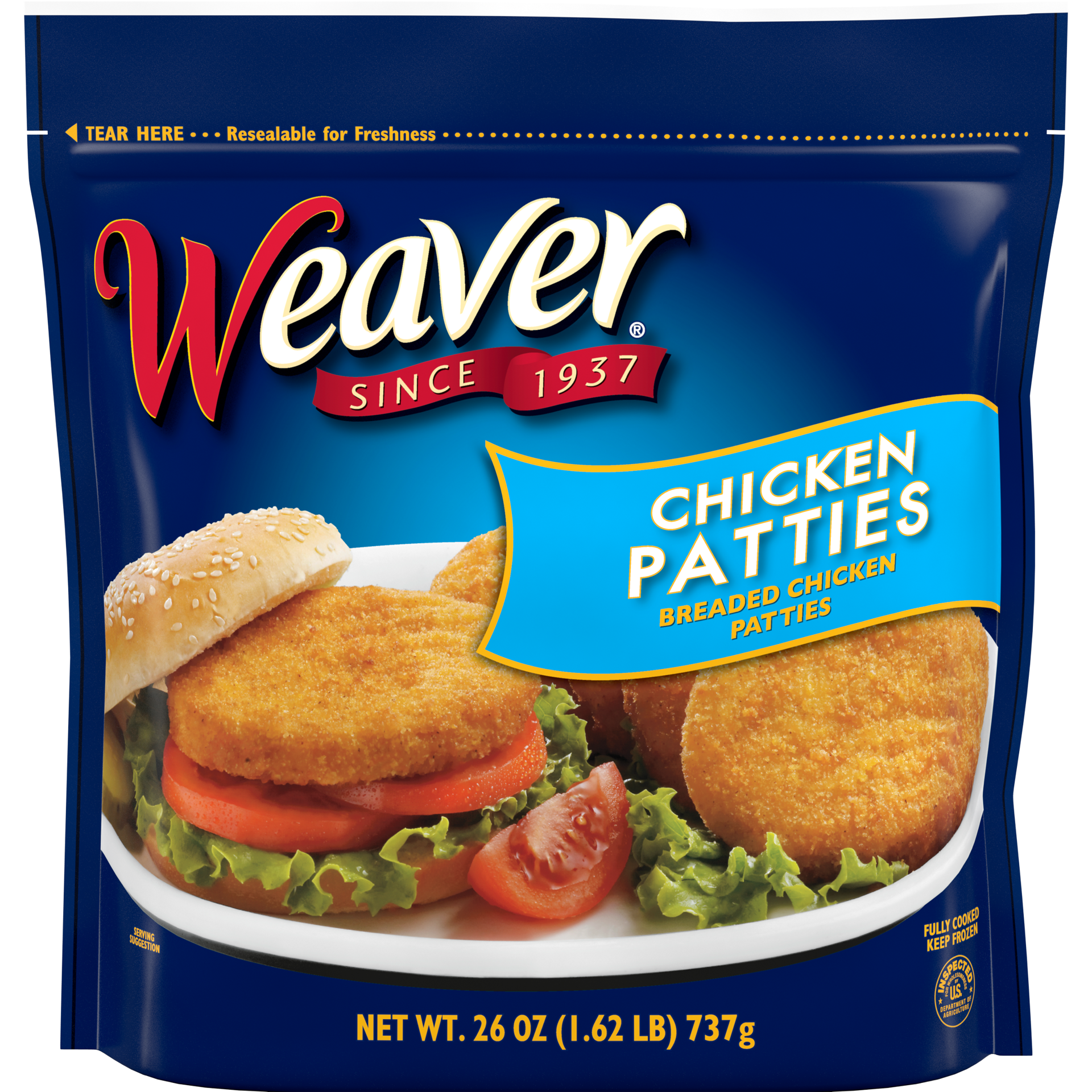 slide 1 of 7, Weaver Fully Cooked Chicken Breast Patties, 1.62 lb. (Frozen), 737.09 g