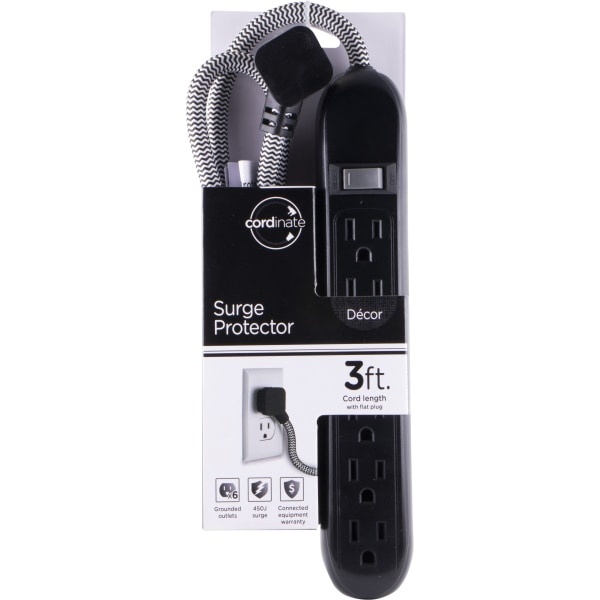 slide 1 of 1, Cordinate 6-Outlet Surge Protector, 3' Cord, Black/Gray, 41637, 3 ft