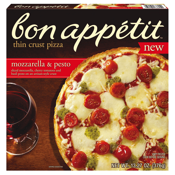slide 1 of 1, Bon Appetit Mozzarella & Pesto Thin Crust Pizza, 13.27 oz