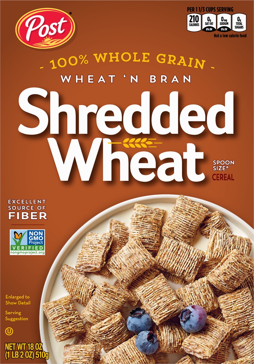 slide 6 of 9, Post Wheat n Bran Shredded Wheat, Breakfast Cereal, Excellent Source of Fiber, Kosher 18 Ounce – 1 count, 18 oz