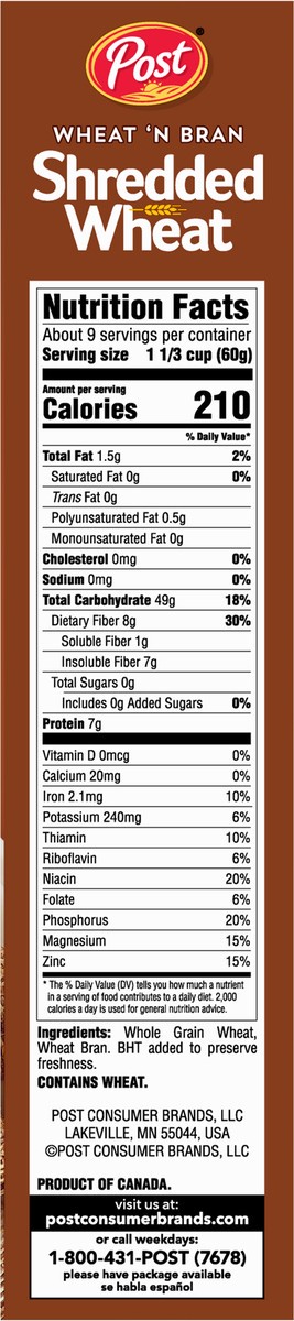 slide 4 of 9, Post Wheat n Bran Shredded Wheat, Breakfast Cereal, Excellent Source of Fiber, Kosher 18 Ounce – 1 count, 18 oz