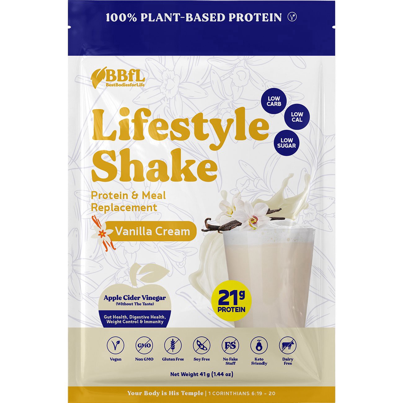 slide 1 of 1, BestBodiesforLife 21g Plant-Based Protein & Meal Replacement Lifestyle Shake Packet - Vanilla Cream, 1 ct