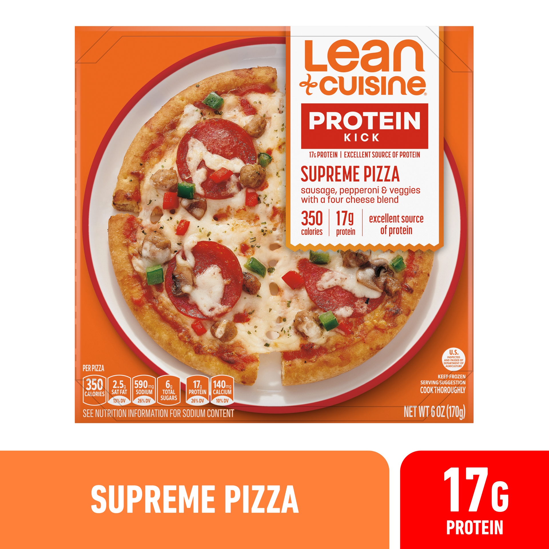 slide 1 of 14, Lean Cuisine Frozen Meal Supreme Frozen Pizza, Protein Kick Microwave Meal, Microwave Pizza Dinner, Frozen Dinner for One, 6 oz