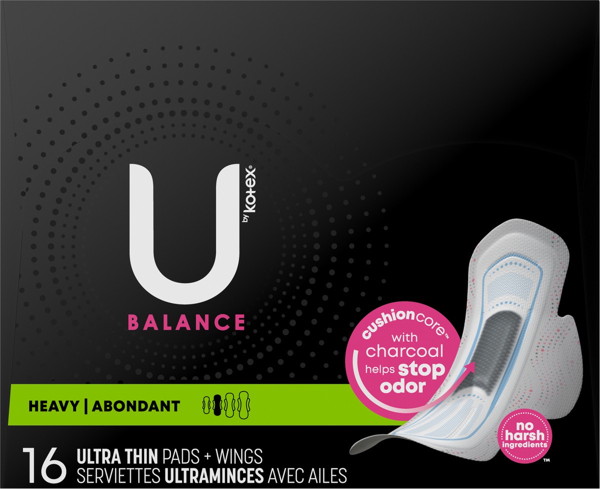 slide 6 of 10, U by Kotex Balance Ultra Thin Pads with Wings, Heavy Absorbency, 16 Count, 16 ct