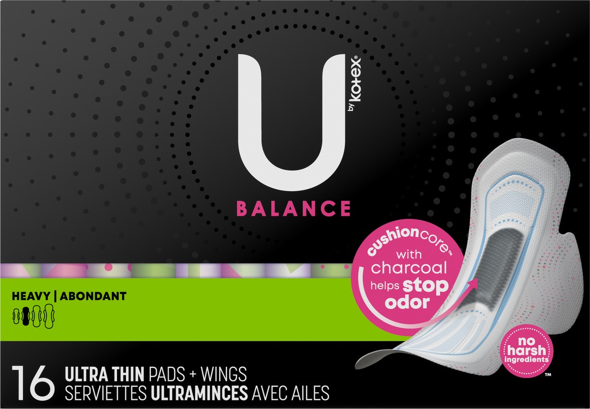 slide 2 of 10, U by Kotex Balance Ultra Thin Pads with Wings, Heavy Absorbency, 16 Count, 16 ct